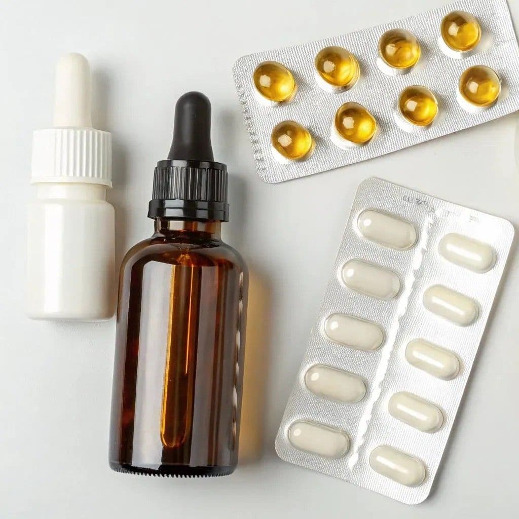 Flaskor och blisterkartor med D-vitamin sedda uppifrån